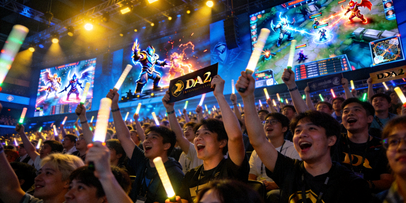 DOTA2国际邀请赛现场观众欢呼场景，巨大屏幕展示比赛画面