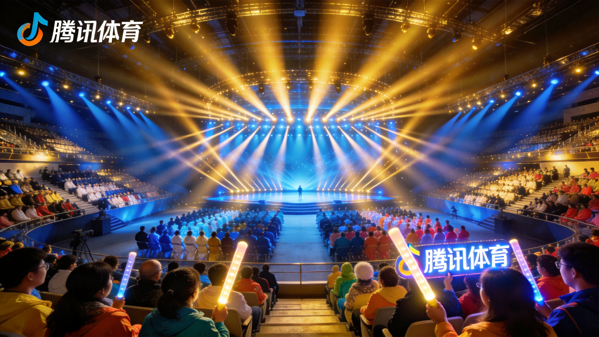 腾讯体育比赛现场全景背景图，舞台灯光与观众席